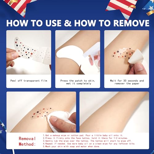 Patriotic Glitter Freckle Face Tattoos & Red White Blue Star Gems 6 Sheets