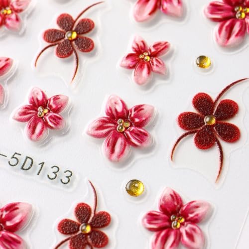5D Embossed Flower Nail Stickers - 2 Sheets Blush French Nail Art Decals