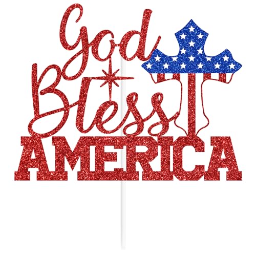 Red Glitter God Bless America Cake Topper for 4th of July