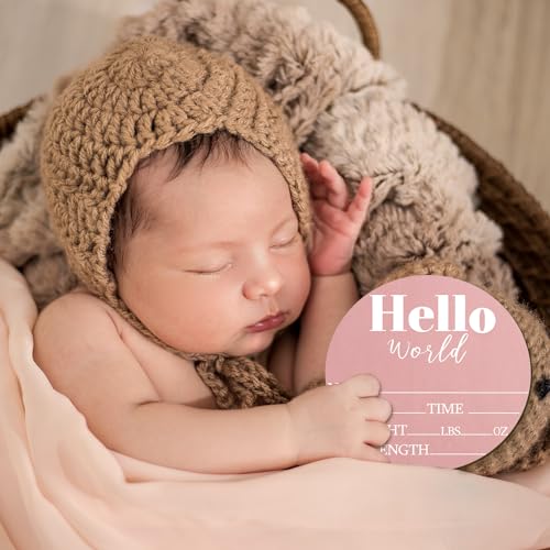 Wooden Baby Announcement Sign 5.9 Inch Hello World Newborn Name Plaque Pink