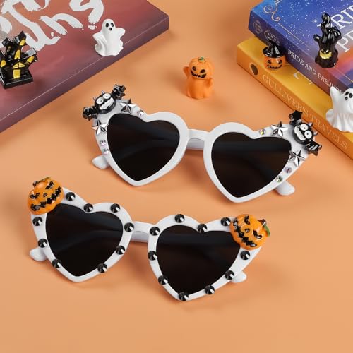 Gothic Heart Shaped Halloween Sunglasses - Bat Wing Pumpkin Design
