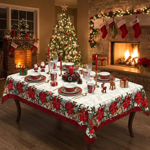 Christmas Poinsettia Tablecloth 60x84 Inch - Red Floral Holiday Table Cover with Gold Bells & Pine Cones - Waterproof Decor