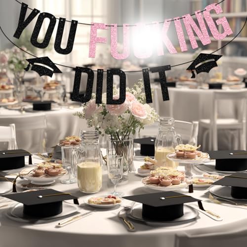 2026 Graduation Party Banner - Pink Glitter 'You Did It' Decor