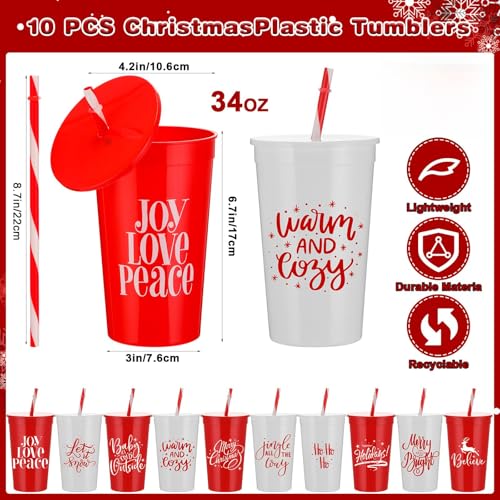 Christmas Tumbler Cups Bulk - 10 Pcs 34 oz with Lids & Straws, Holiday Drinkware - Variation of 10