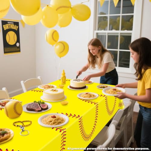 Yellow Softball Disposable Tablecloths, 4 Pack 51x86 in Sports Party Decor