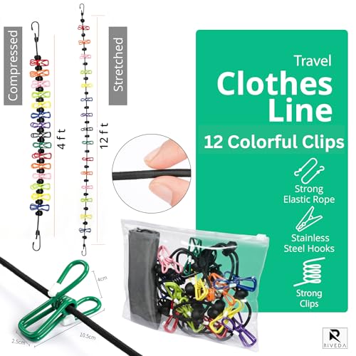 Portable Travel Clothesline with 12 Colorful Clips - Elastic Camping Laundry Line