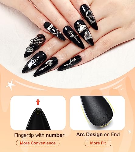 Extra Long Black Stiletto Press On Nails Halloween Gothic Fake Nails