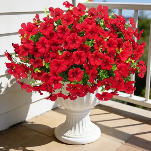 12 Pcs Artificial Silk Geranium Flowers - UV Resistant Red Outdoor Decor