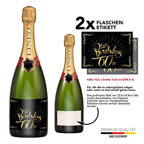 Lineo 60th Birthday Wine Bottle Labels - 2 Pack Self-Adhesive Happy Birthday Stickers