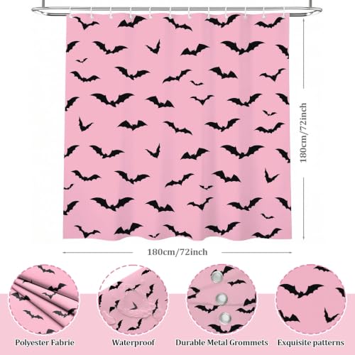 Halloween Shower Curtain with Pink Bats - Waterproof 72x72