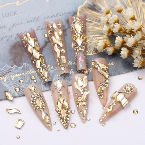 qiipii 120Pcs Champagne Gold Nail Rhinestones K9 Glass Flatback Gems
