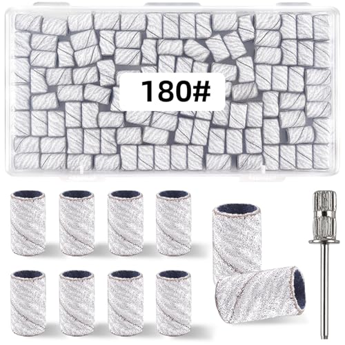 TKYZMS 100 Pcs 180 Grit White Nail Sanding Bands with Mandrel Bit