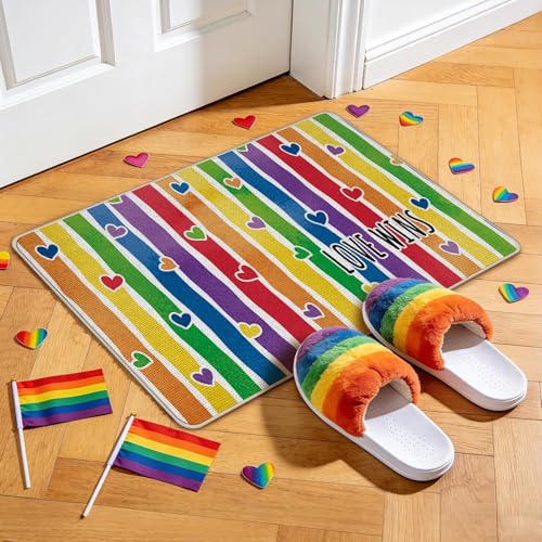Pride Love Wins Rainbow Striped Hearts Door Mat - 17x29 Inches