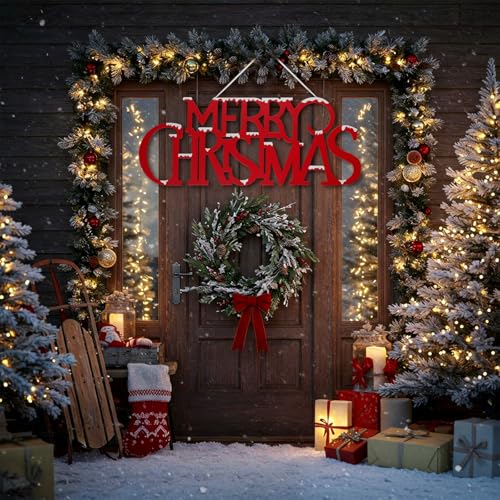 Large Snowy Metal Merry Christmas Wall Sign - 36x12 Inch Holiday Door Decor