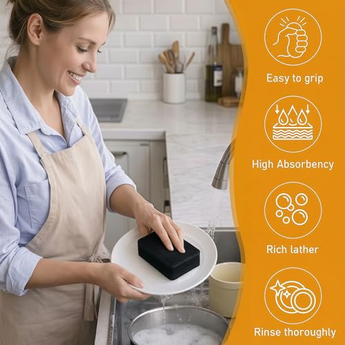 Black Non-Scratch Dish Sponges - 6-Pack for Kitchen Cleaning