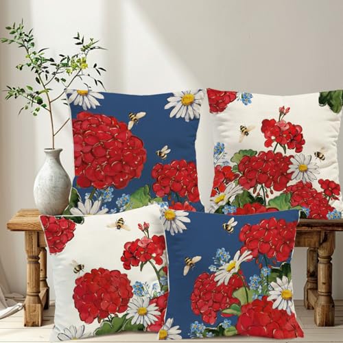 Spring Summer Red Geranium Throw Pillow Covers 18" x 18" (Set of 4)