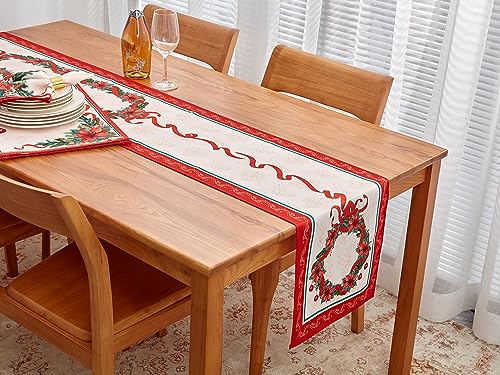 Christmas Table Runner 14 x 72 Poinsettia Ribbon Printed Fabric Holiday Decor - Variation of Christmas Time / 14" x 72"