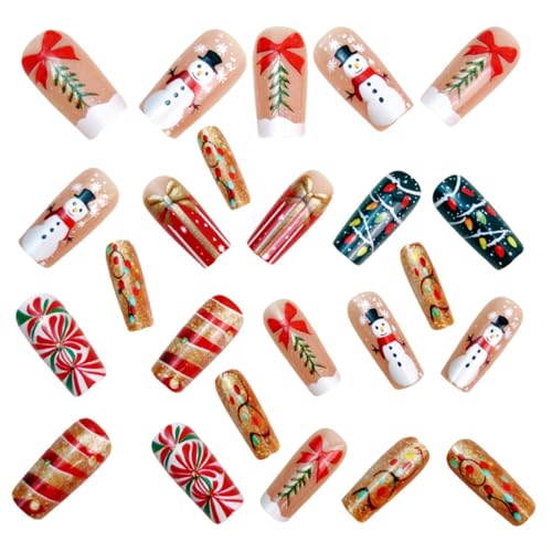 Christmas Press On Nails Medium Coffin Snowman False Nails 24Pcs