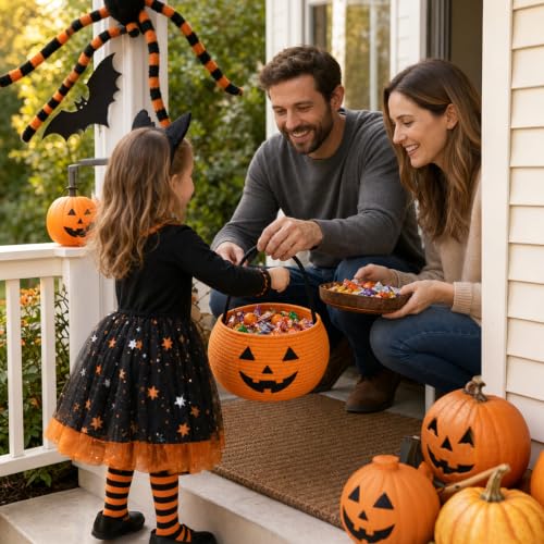 Pumpkin Trick or Treat Basket for Kids - Cotton Rope Halloween Bucket