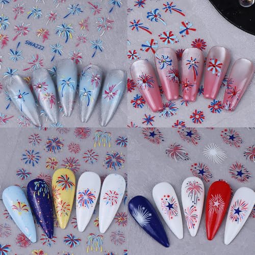 4th of July Fireworks Nail Stickers Independence Day Decals (8 Sheets)