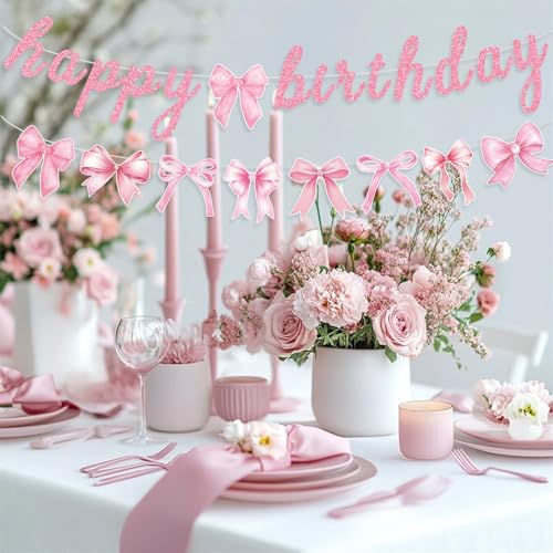 Pink Bow Birthday Banner and Garland Set for Girl Party Decorations