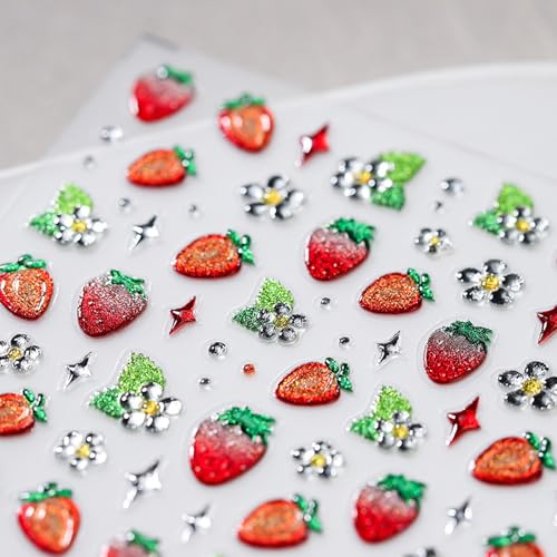 TailaiMei Embossed Strawberry Nail Stickers 5D Fruit Art Decals