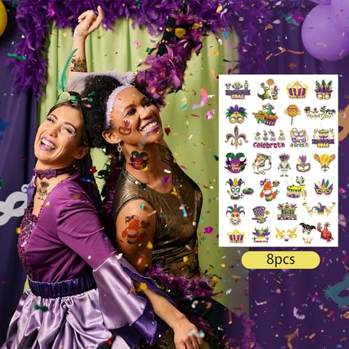 Mardi Gras Temporary Tattoos 8 Sheets 200+ Fat Tuesday Party Favors
