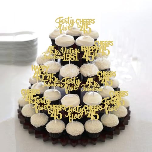 30PCS 45th Birthday Cupcake Toppers Vintage 1981 Gold Glitter Picks