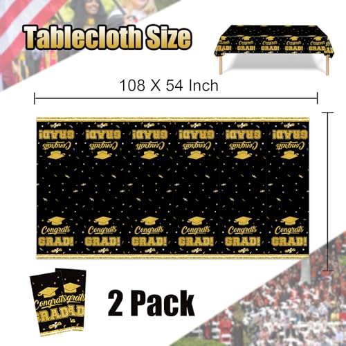 Black & Gold Graduation Tablecloth Set - 2 Pack, 54x108 Inch