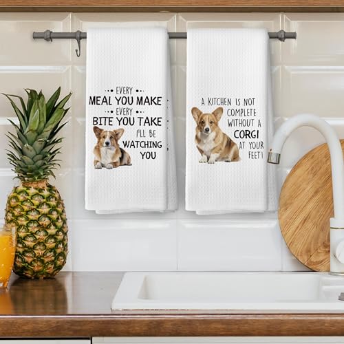 Funny Corgi Kitchen Dish Towels Set of 2 Dog Lover Microfiber Hand Towels