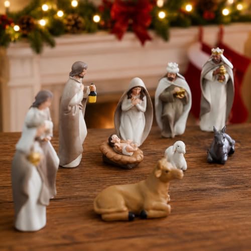 Brown Resin Nativity Set with 10 Figurines - Indoor Christmas Scene, 4.8 Inch - Variation of Brown