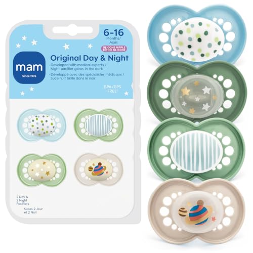 MAM Original Baby Pacifiers 6-16 Months, Glow-in-the-Dark, 4 Pack - Pepermint Green & Blue Sky