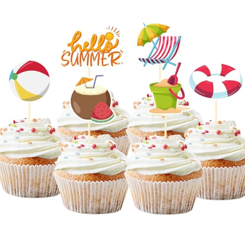 30 Pack Beach Cupcake Toppers - Hawaiian Theme Party Decorations