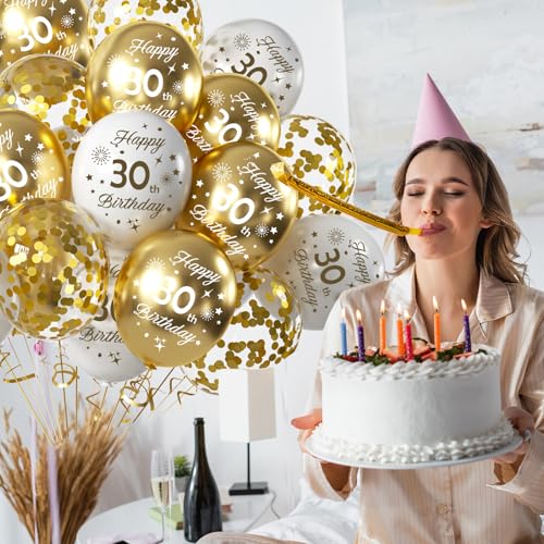 30th Birthday Balloons Pack - White & Gold Latex Confetti, 15pcs