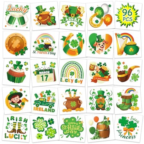 Konsait St. Patrick's Day Temporary Tattoos, 96 Pcs Irish Shamrock Designs