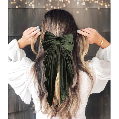 Aileam Velvet Hair Bows for Women and Girls, 2-Piece Oversized Hair Ribbon Clips with Long Tails, Green & Wine Red