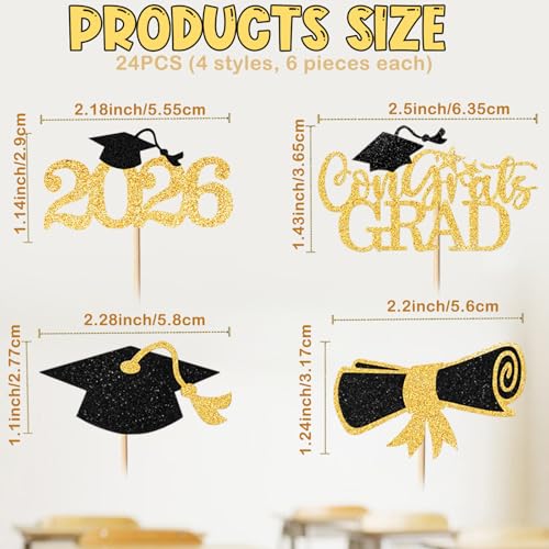 Graduation Cupcake Toppers - 24 Pcs Class of 2026 Decorations