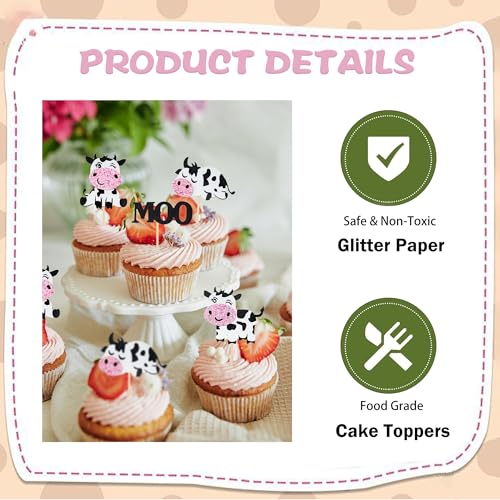 12PCS Cute Cow Cupcake Toppers Glitter Farm Animal Cake Decorations