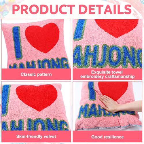 Pink Mahjong Style Throw Pillow - Towel Embroidered, 17.7''