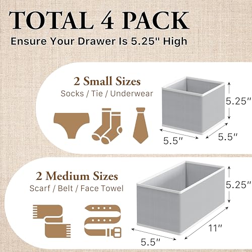 Underwear Organizer Set of 4 - 2 Medium & 2 Small, Gray