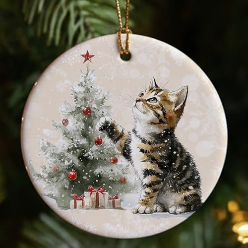 Christmas Cat Tree Ornament - Ceramic Round Hanging Keepsake - Cat Variation
