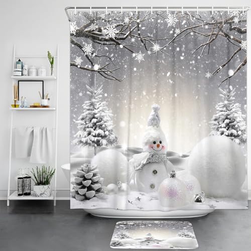 Christmas Snowman Shower Curtain Set with Non-Slip Rugs & Toilet Cover - 72x72 Inches, Holiday Bathroom Decor (Pack of 4, Variation of THIS listing)