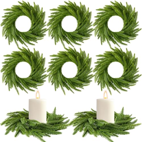 Green Norfolk Pine Christmas Candle Ring Wreaths - Pack of 8, 6 Inch