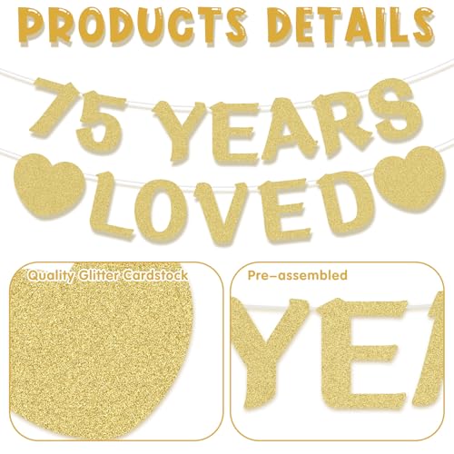 75th Birthday Banner - Pre-Strung Gold Glitter Party Decor