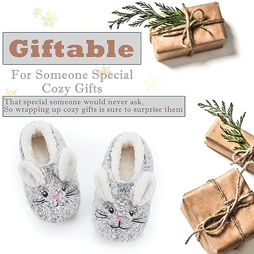 Cute Animal Slippers for Women and Kids - Grey Bunny, Non-Slip Fuzzy Soft Sole