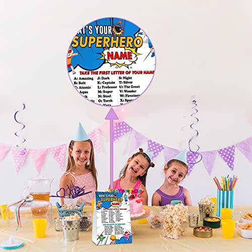 Superhero Name Game Party Activity Set with Sign and Stickers