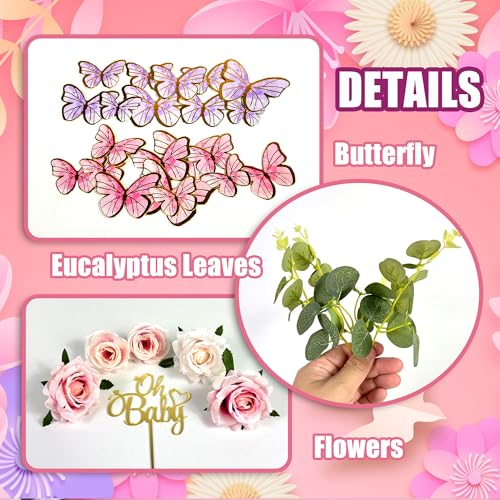 44PCS Pink Butterfly Cake Topper Set for Baby Showers & Birthdays