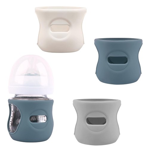 Avent | 3-Pack Silicone Sleeves for Glass Baby Bottles - Anti-Breakage Protection | 4 oz (Grey, Dark Blue, Apricot)