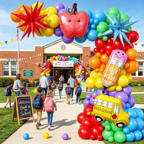 Back to School Balloon Arch Kit - 161Pcs Rainbow Balloons & Foil Designs