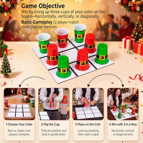 Christmas Cup Flip Tic Tac Toe Party Game Set with Santa Cups and Felt Mat
